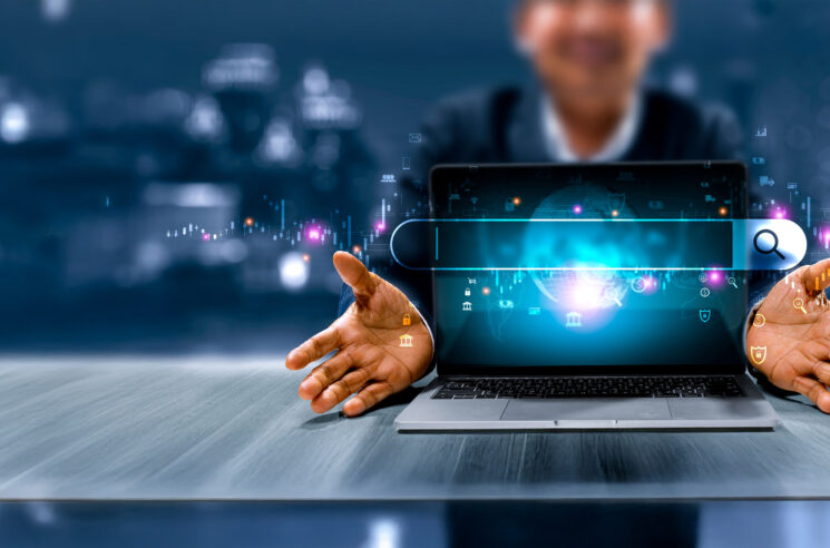 Man with laptop and AI image