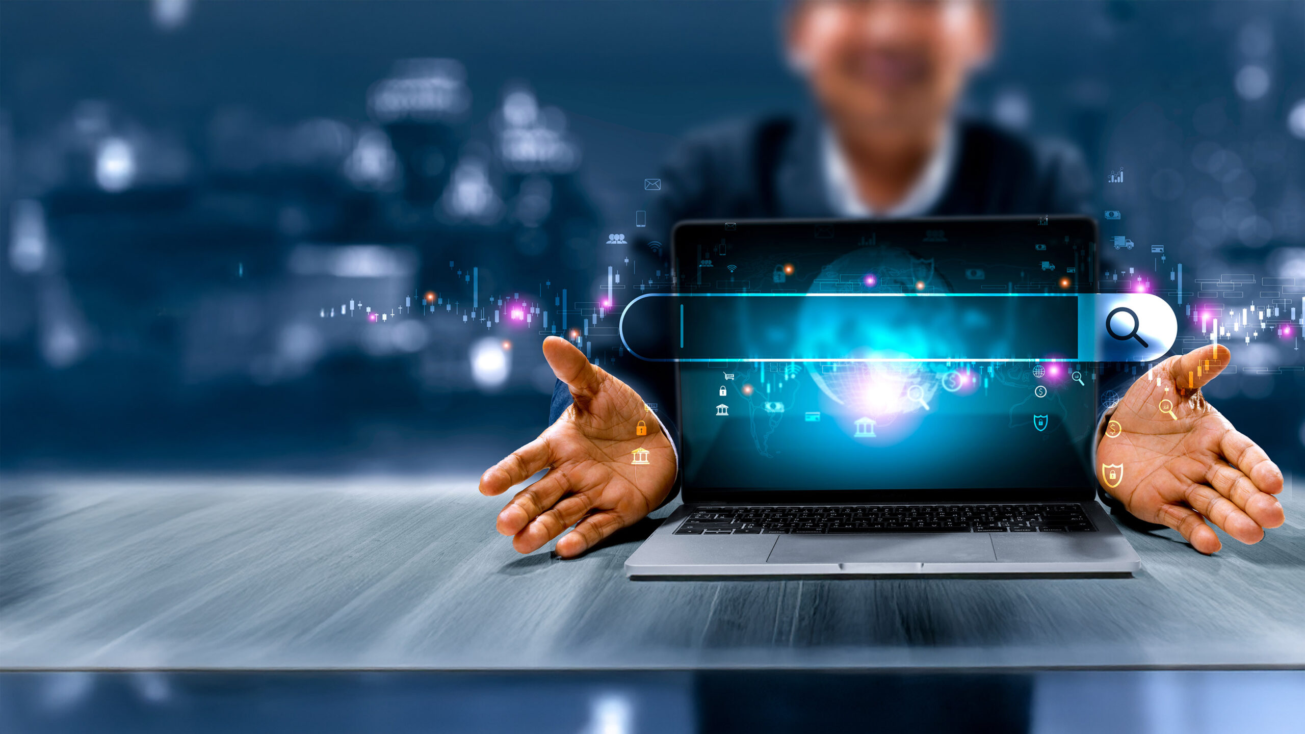 Man with laptop and AI image