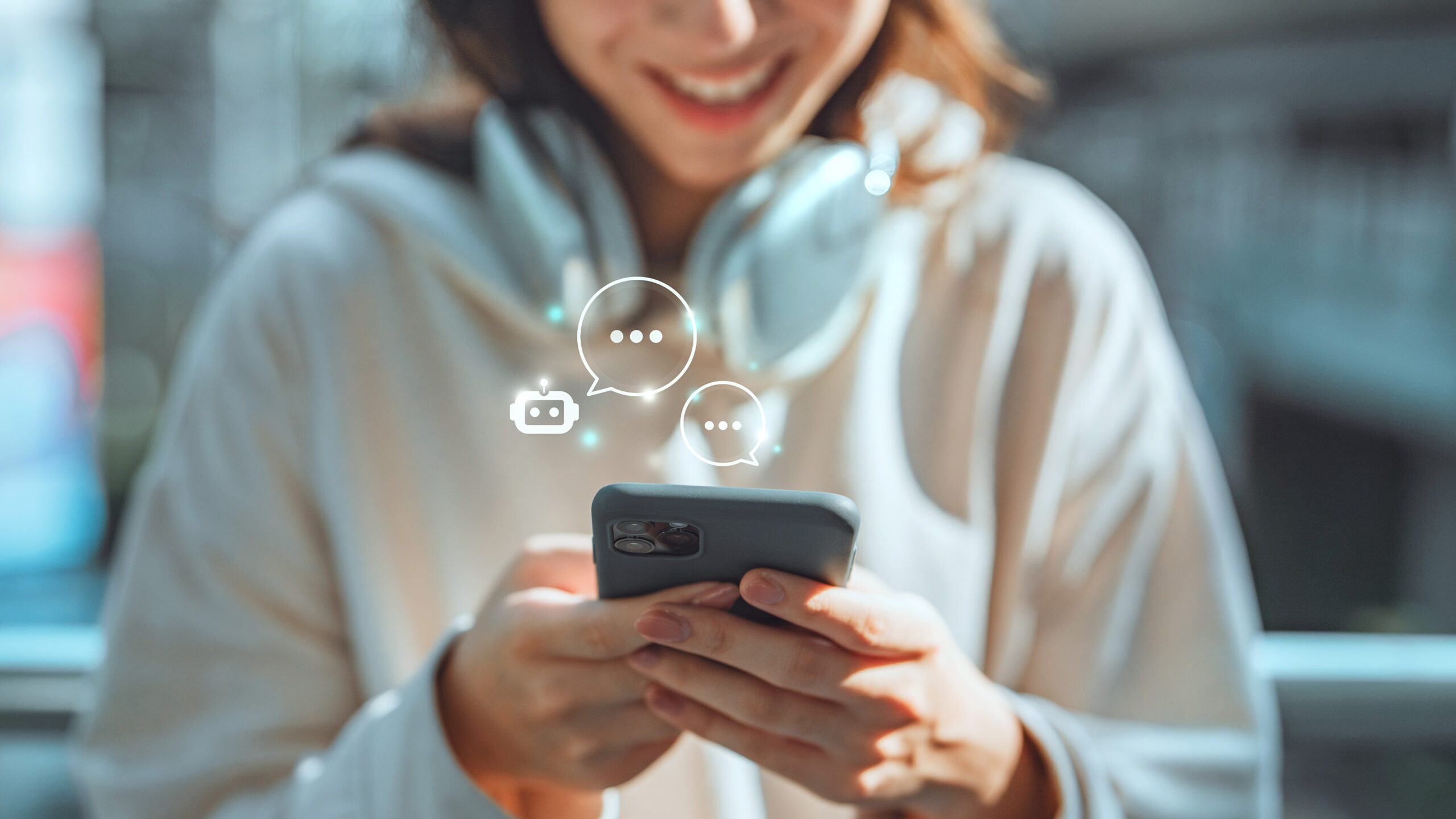 Woman on phone with dialog boxes.